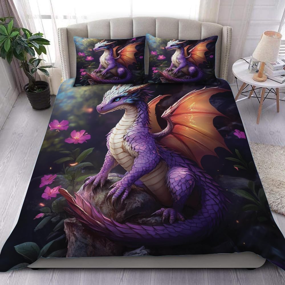 Dragon Bedding Set Queen - Magic Dragon Bedspread, Dragon Comforter Set Queen Dragon Duvet Cover King Breathable Dragon Comforter Set for Dragon Lovers Personalized Galaxy Dragon Bedding Set Full