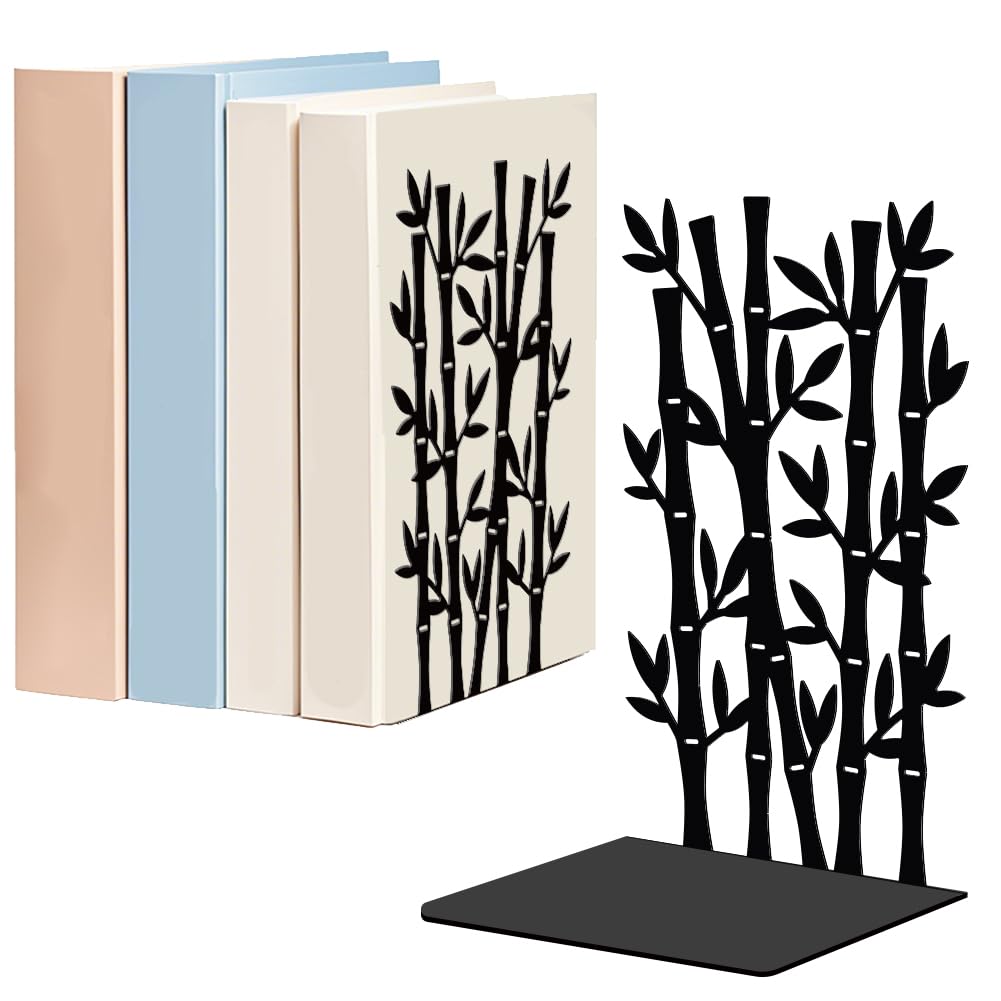 WADORN 1 Pair Bamboo Tree Metal Bookends for Shelves Decorative, Bamboo Forest Heavy Duty Metal Decorative Book Ends Non-Skid Black L-Shaped Book Stopper for Library Home Office, 5.3x4.3x7.9 Inch โ image 1