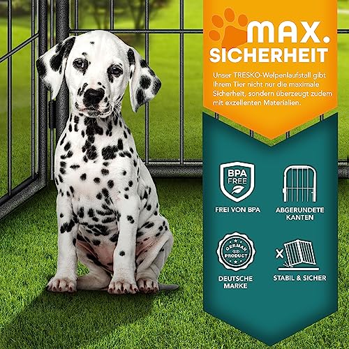 TRESKO® Welpenlaufstall 60 cm hoch mit Dach & Erdankern | Welpenauslauf 8-teilig | Hundelaufstall faltbar mit Tür | Aufbau werkzeugfrei | Tierlaufstall Hunde wetterfest