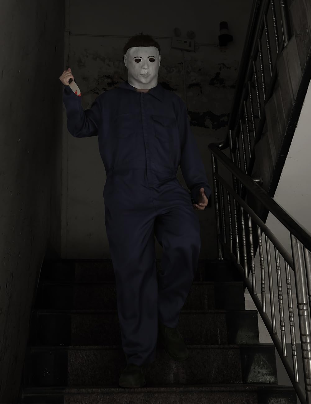 Halloween Navy Blue Coveralls Jumpsuit,Horror Killer Navy Cosplay Costume for Men, Includes Mask and Toy Knife