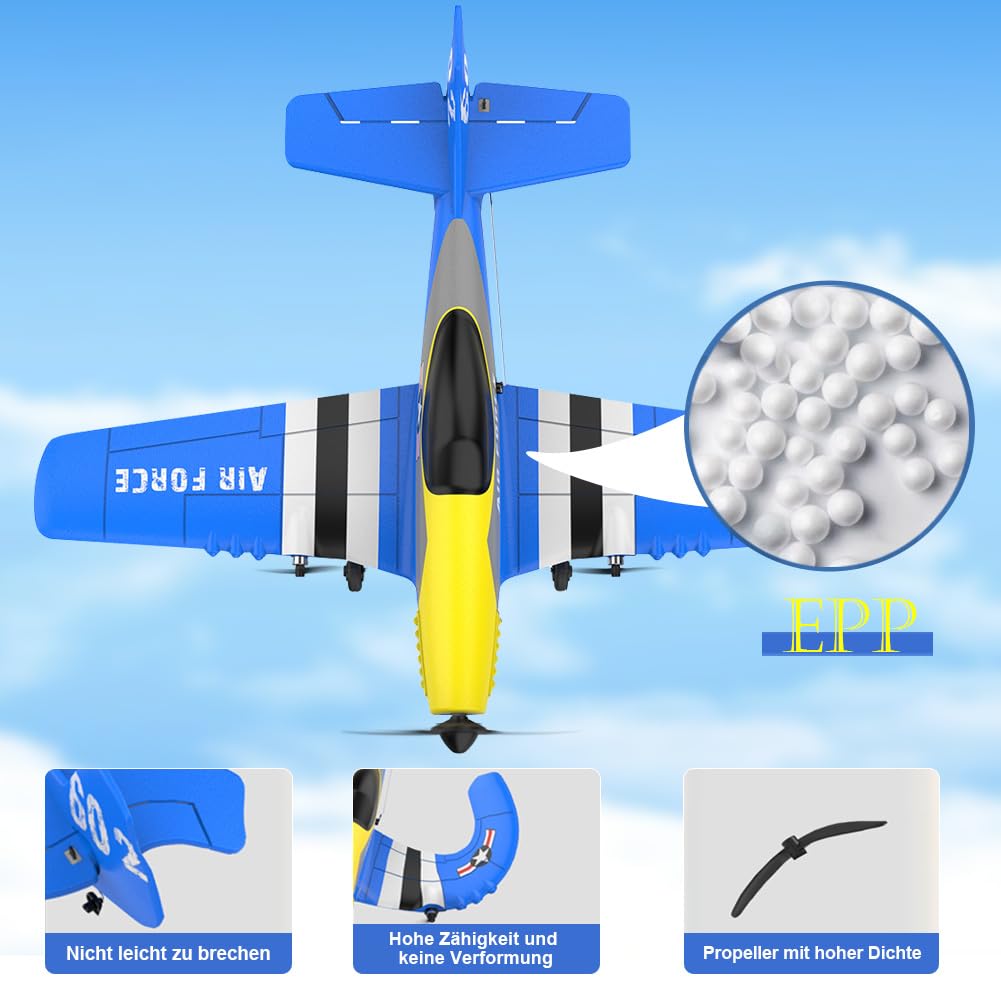Fremego RC Flugzeug RTF,P51 3 Kanal Ferngesteuertes Flugzeug für Anfänger | 2,4GHz P-51D Mustang Kampf Flugzeugs mit 6-Achsen-Gyro-Stabilisator&2 Batterien für Erwachsene
