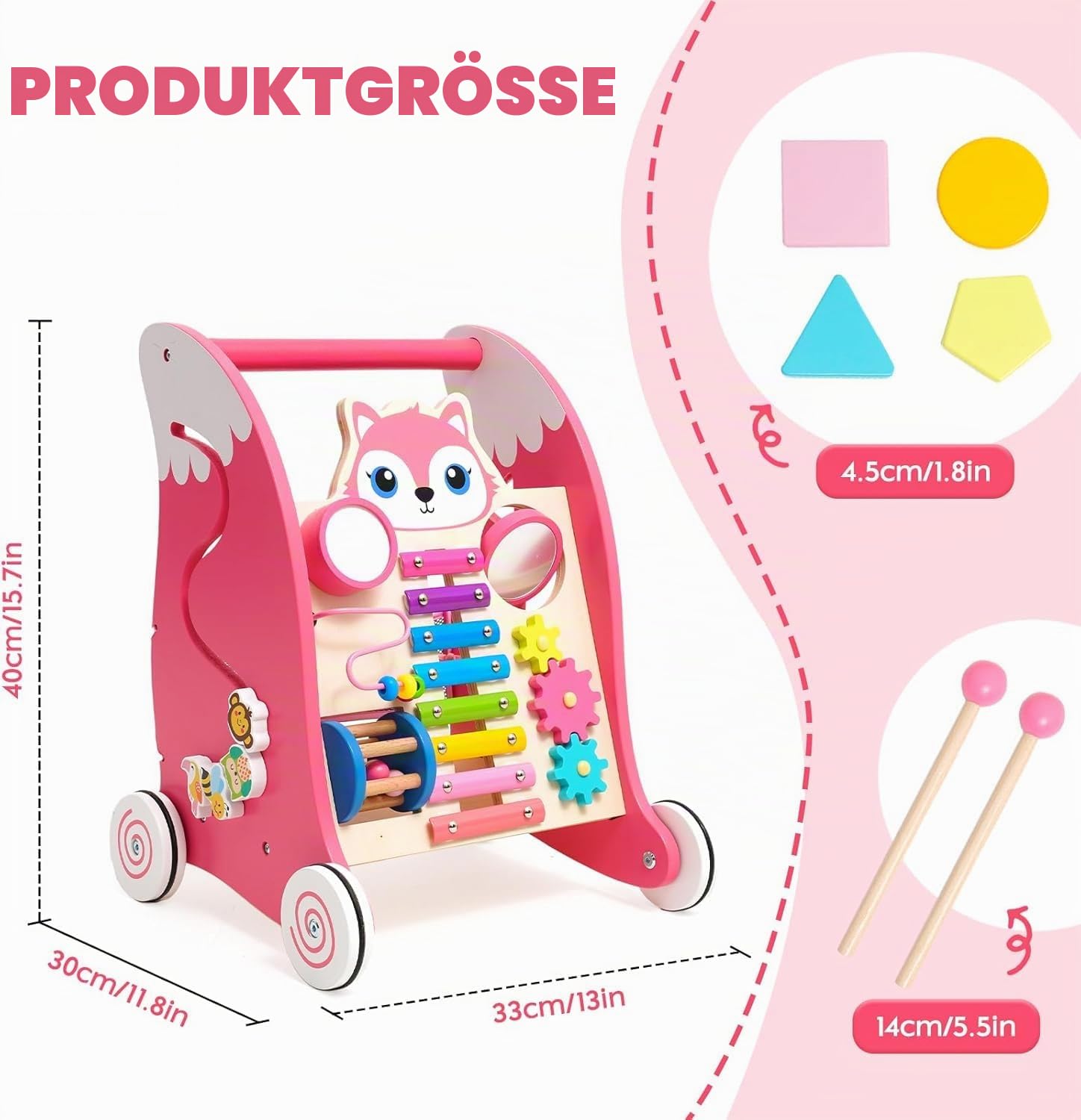 Holz Spielzeug Baby mit Multifunktional Montessori Spielzeug, Lauflernwagen mit Xylophon,Musikinstrumenten & Formenpassspiel.Multifunktionales Aktivitätszentrum für Baby ab 6 Monate Rosa