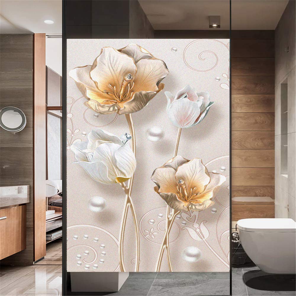Xijier No Glue Decorative Privacy Frosted Window Film Golden Rose Pattern Glass Door Window Covering Window Decals Window Sticker for Home Office 65x200cm(25.6
