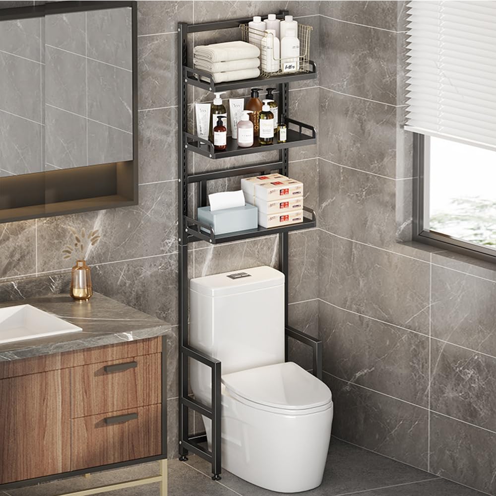 NUODWELL 3-stöckiges Toilettenregal, freistehend, Metall-Badregal, platzsparend, über dem WC-Aufbewahrungsregal, multifunktionales WC-Aufbewahrungsregal für Badezimmer (schwarz)