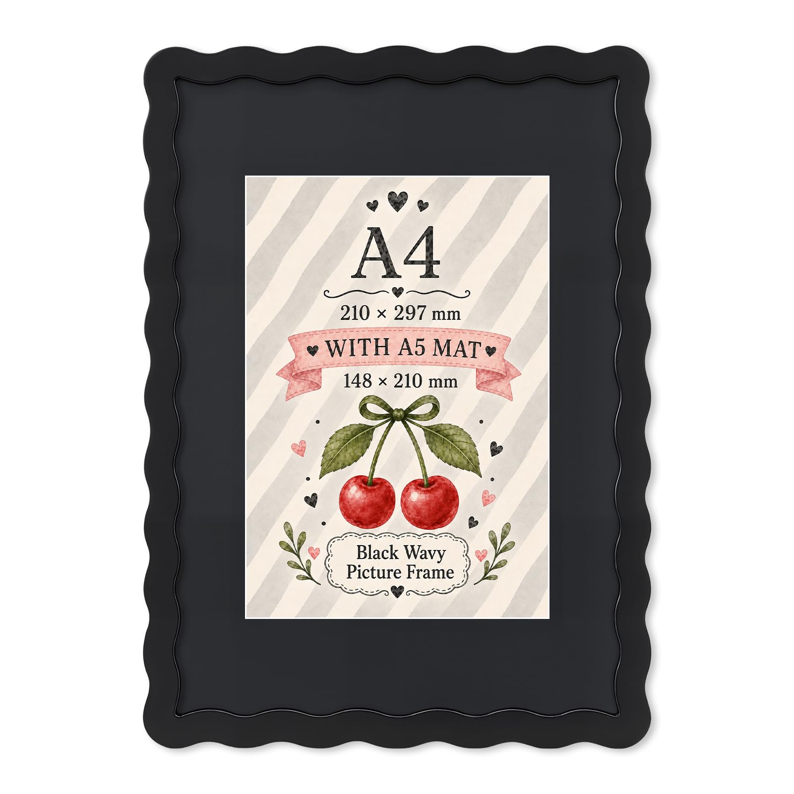 Wavy Edge MDF Picture Frame A4 Size with A5 Mat, Wall Mount Display, Black