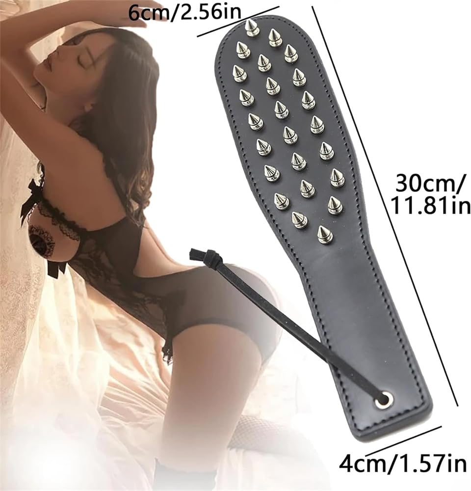 Pfylinqo Studded Spanking Paddle for Adult BDSM, Slut Paddle Sex Play with Safe Single Sided Rivets, Adult Sex Leather Paddle Flogger Spanking with Unique Design for Couples Flirt Play Fetish Cosplay: Black one size