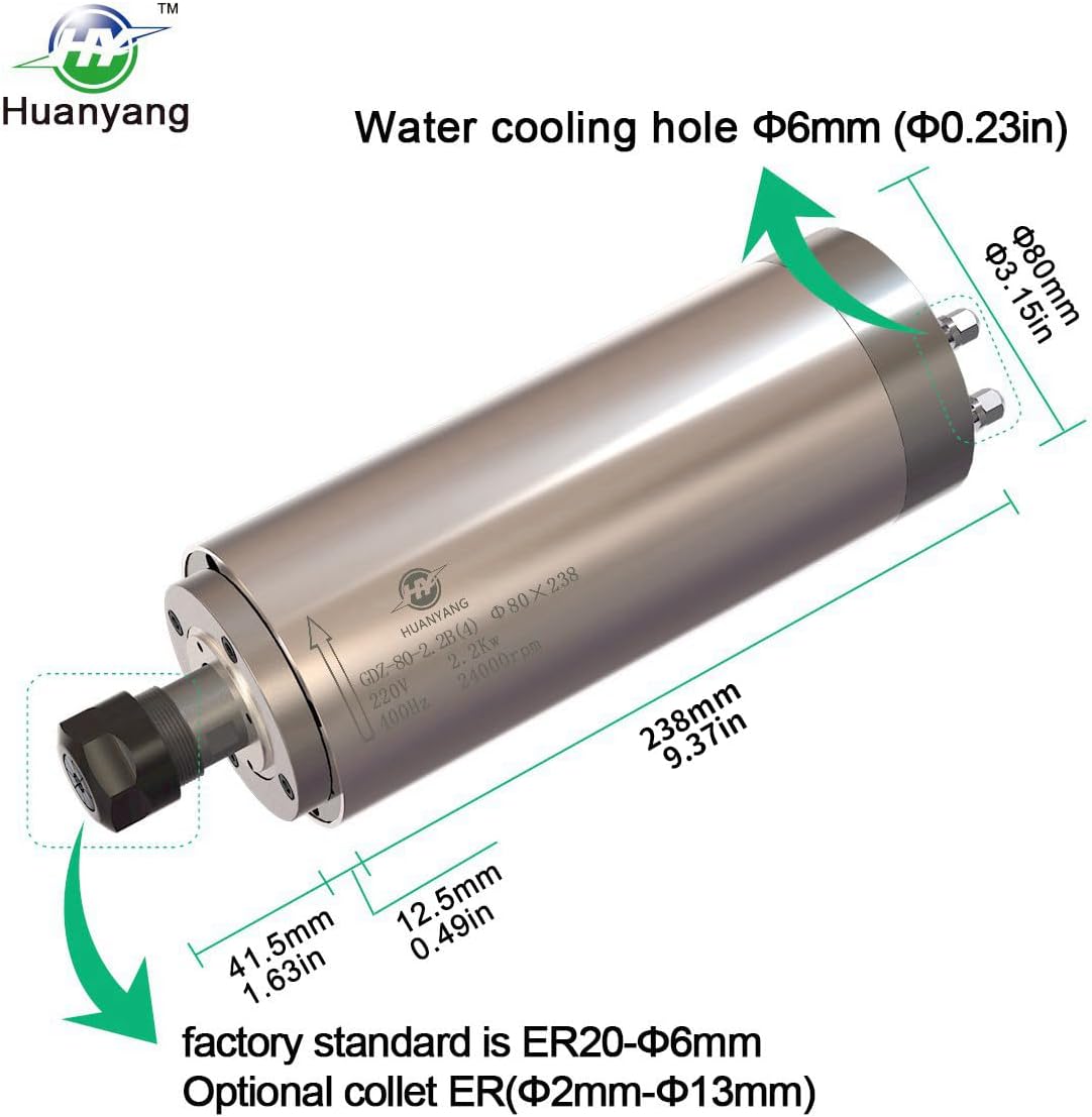 Water Cooled CNC Spindle Motor 220V 2.2KW 24000RPM 400hz Φ80mm ER20 for Engraving Machine