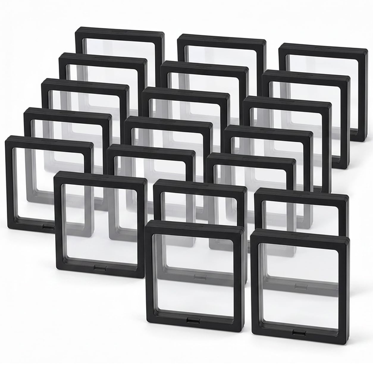 Qwork Black 3D Floating Display Case 20 Pcs 4.33" – Clear Pe Film Holder For Coins, Jewelry & Specimens – Challenge Medallion Stand Pin Showcase Box Collectibles Set