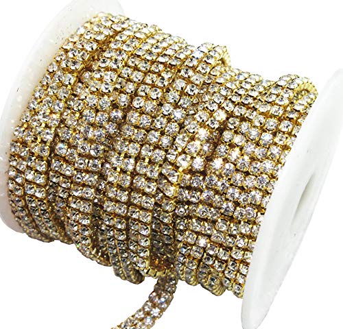AEAOA 3 FEET 1 Yard 2 Rows SS12 3mm Clear Crystal Close Gold Plated Rhinestone Chain Trims Cup Chain Wedding Cake Decoration