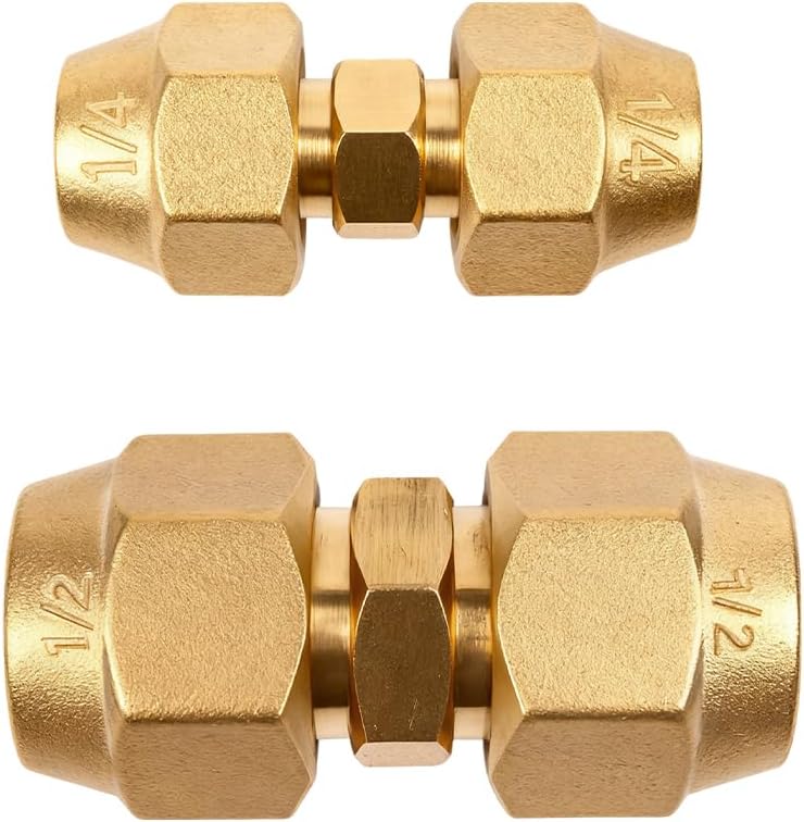 Wostore 2-Pack Copper Pipe Extension Joint Connectors, 1/4" and 1/2" AC Pipe Coupling Adapters with HVAC Flare Nuts, Free Welding Copper Fittings for Air Conditioning & Refrigeration Systems
