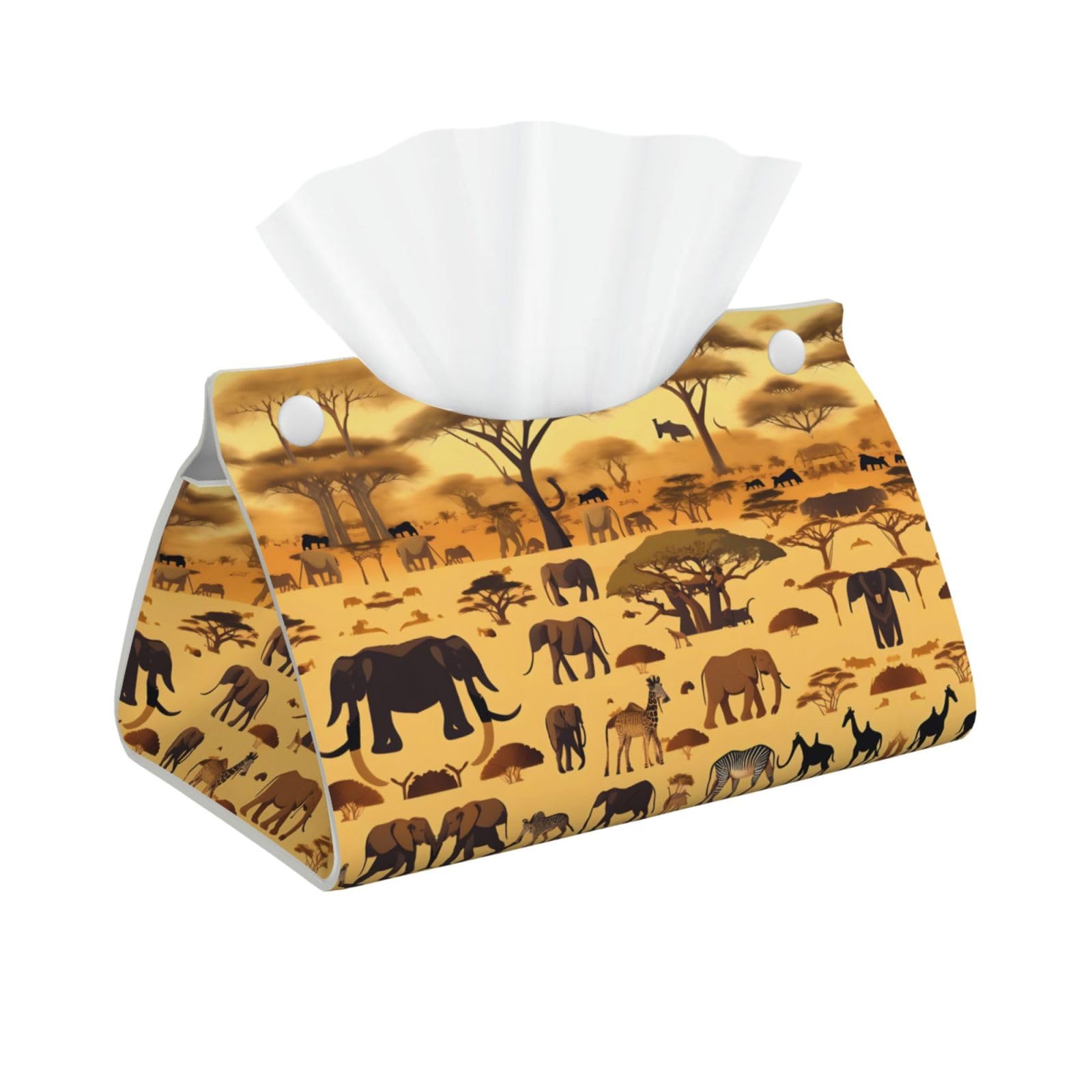 African Grassland Animals Print Long Tissue Box Cover Holder Foldable Leather Organizer for Vanity, Nightstand, Desk & Bathroom