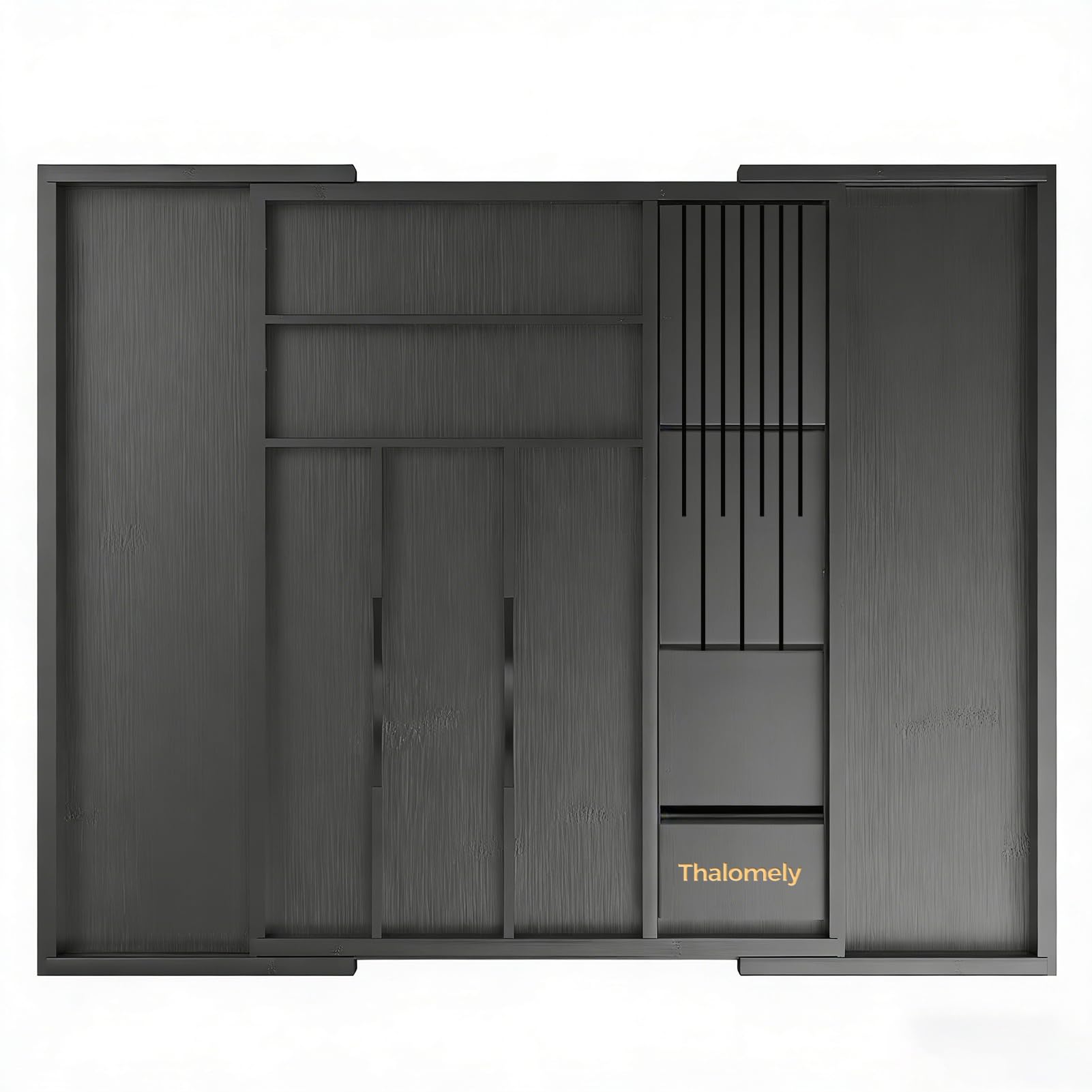 Bambus-Küchenschubladenorganizer, erweiterbarer Utensilien-Organizer mit abnehmbarem Messerblock, Besteckkasten mit Trennwand, verstellbarer Besteck-Organizer, Schwarz