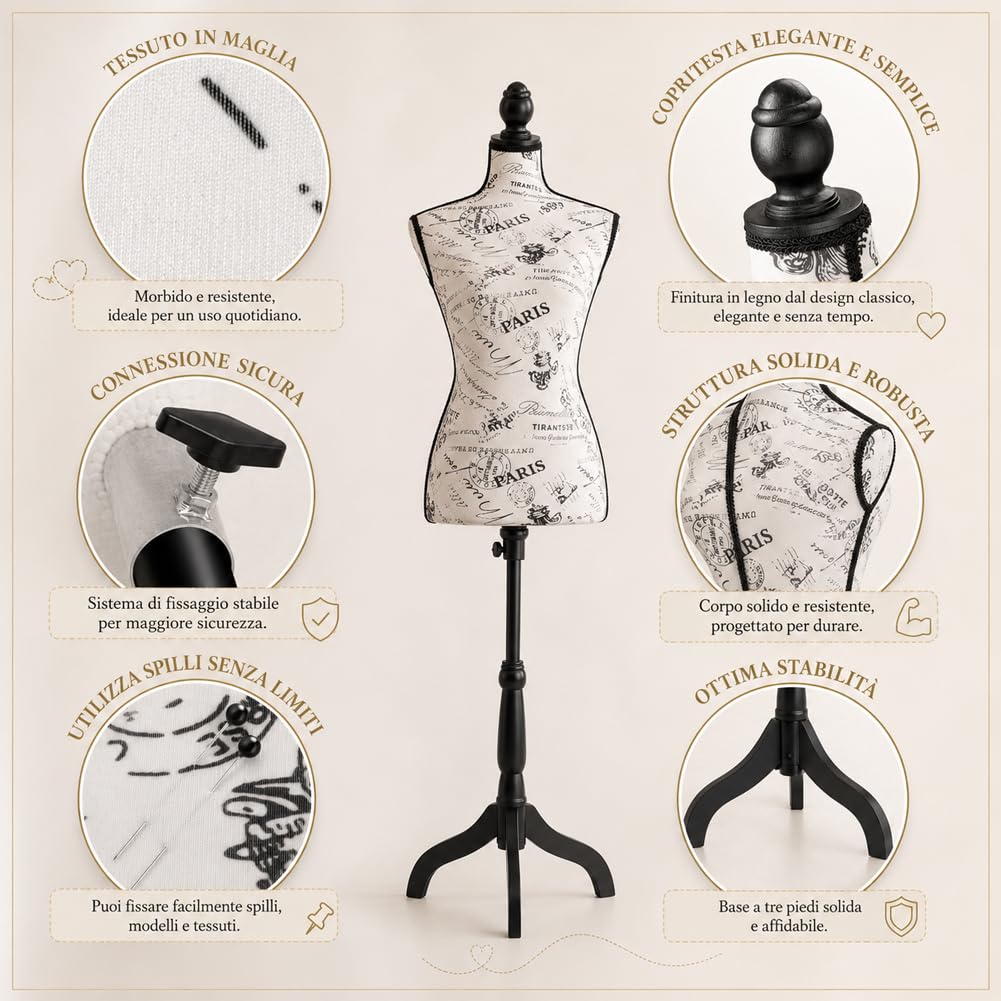 Maniquí Busto Sartorial Femenino De Costura para Prendas Ropa Tailleur Torso De Mujer Altura Ajustable para Vitrinas con Trípode Estructura De Madera 42 x 170 cm (Paris)