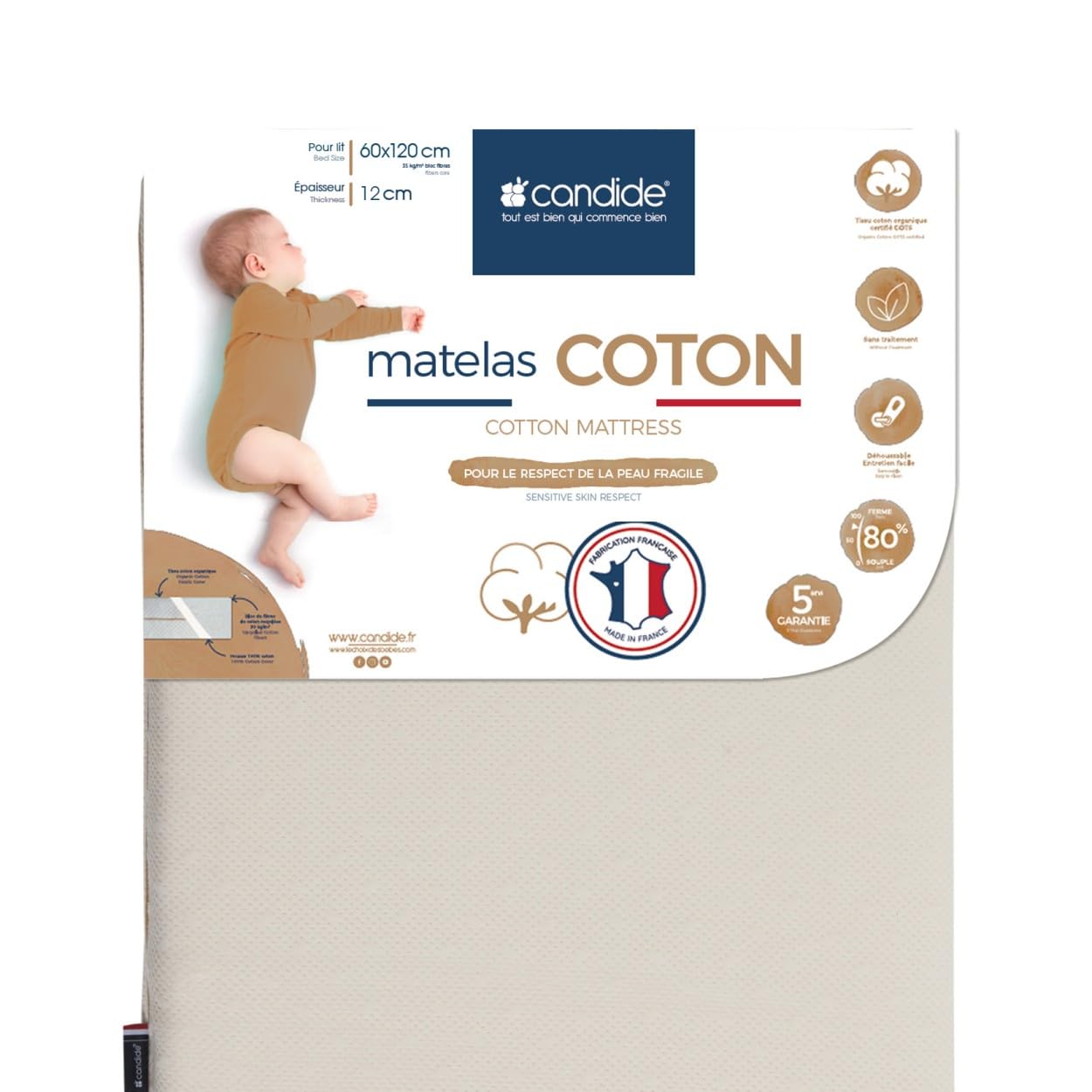 Matelas Bébé Évolutif Candide 70x140cm - Double Face -10kg/+10kg, Déhoussable, Fabriqué France