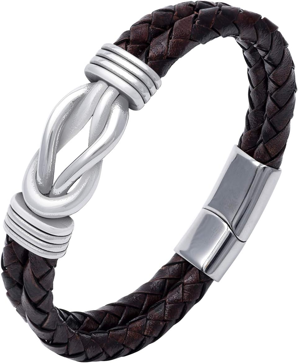 SilverMania925 Stainless Steel Celtic Infinity Knot Pagan Braided Leather Bracelet