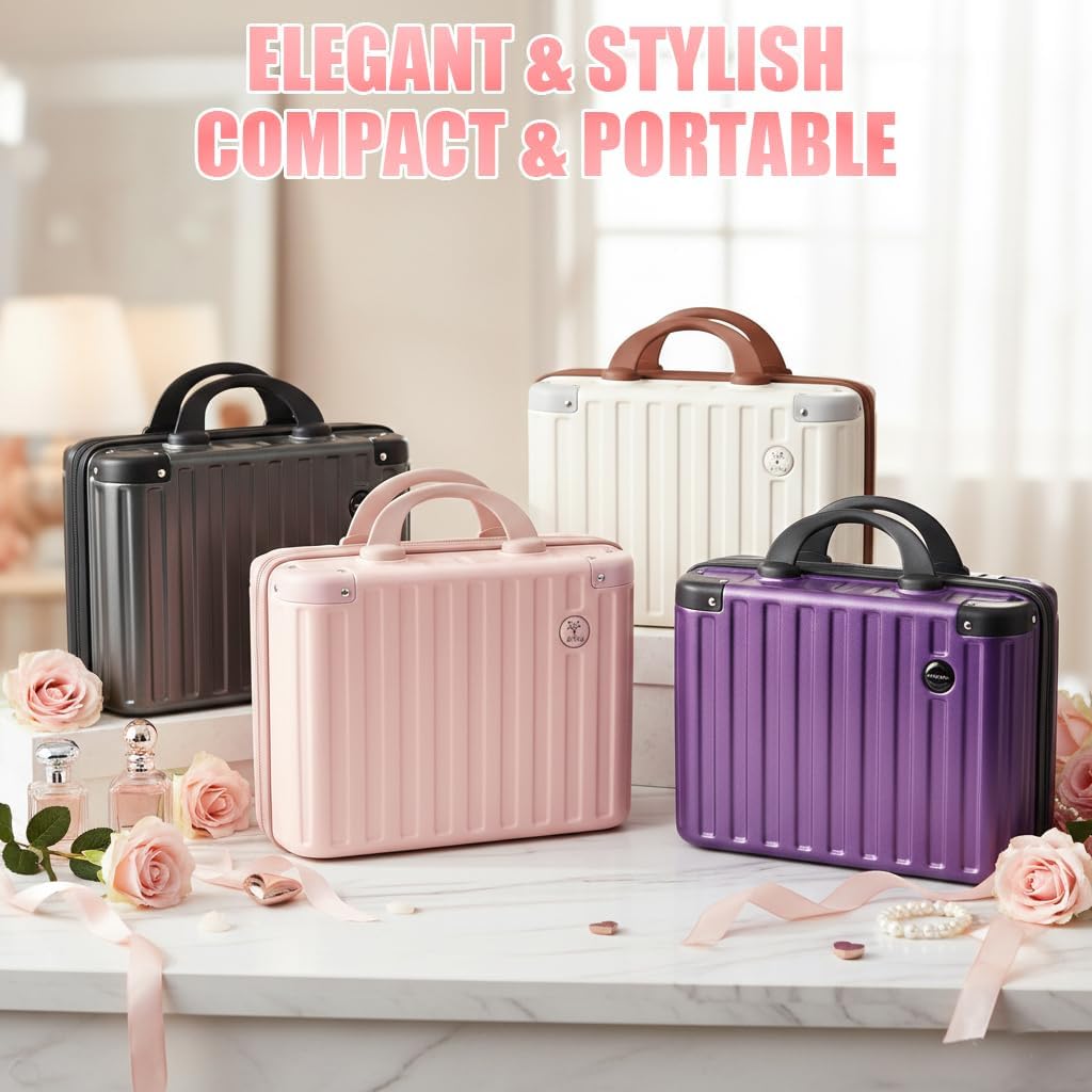 14 Inch Portable Makeup Travel Case Hand Luggage, Hard Shell ABS Cosmetic Organizer with Safety Lock, Small Carry-On Travel Bag for Women