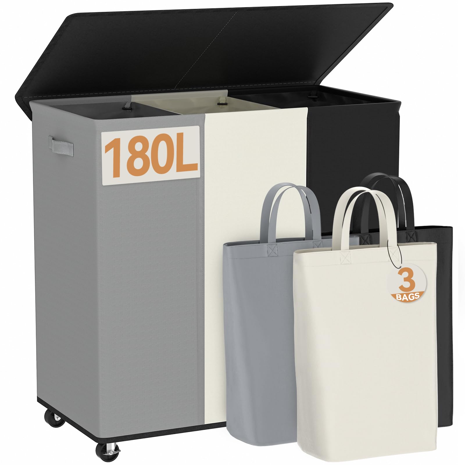 Chrislley 180L Laundry Hamper 3 Section,Rolling Large Laundry Basket with Wheels,Dirty Clothes Hamper with Lid and Removable Liner Bags,Collapsible Laundry Organizer for Bedroom, Dorm,Three-Color