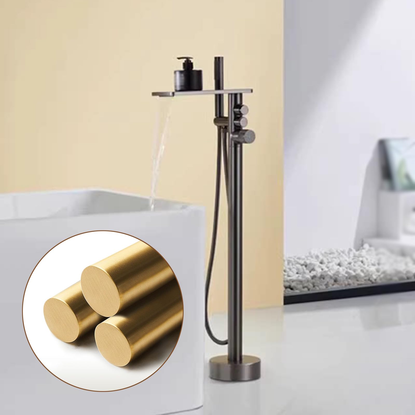 Grifo Mezclador de Bañera Y Ducha Independiente Grifo Mezclador de Ducha de Pie Agua Caliente Y Fría Tipo Cascada Latón Monomando Níquel Cepillado