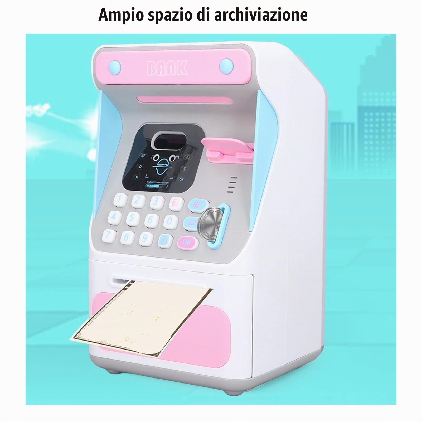 Salvadanaio ATM, Cassa di Risparmio Bancomat, Gettoniera Elettronica per Monete in Contanti per Soldi Veri con Password, Riconoscimento ID Viso, Bobina Automatica di Banconote