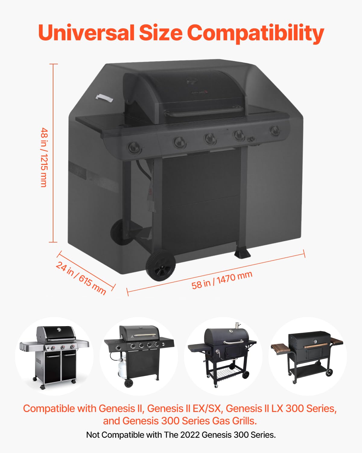 VEVOR Funda para Parrillas de Exterior, Impermeable y Resistente a la Intemperie, Poliéster 600D Duradero, 280 g/m², Fácil de Poner y Quitar, con Protección Solar, 1470 x 615 x 1215 mm, Negro