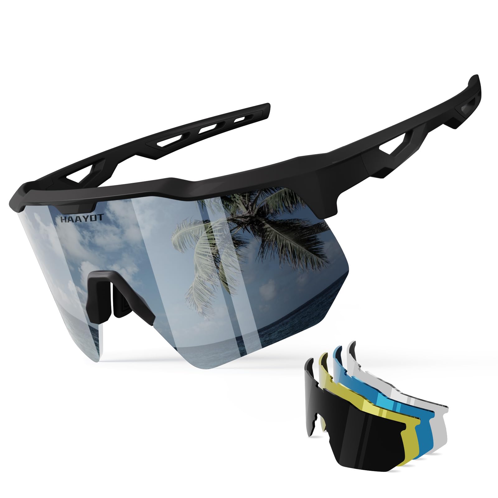 HAAYOT Sports Sunglasses with 5 Interchangeable Lenses for Men and Women Matte Black Silver