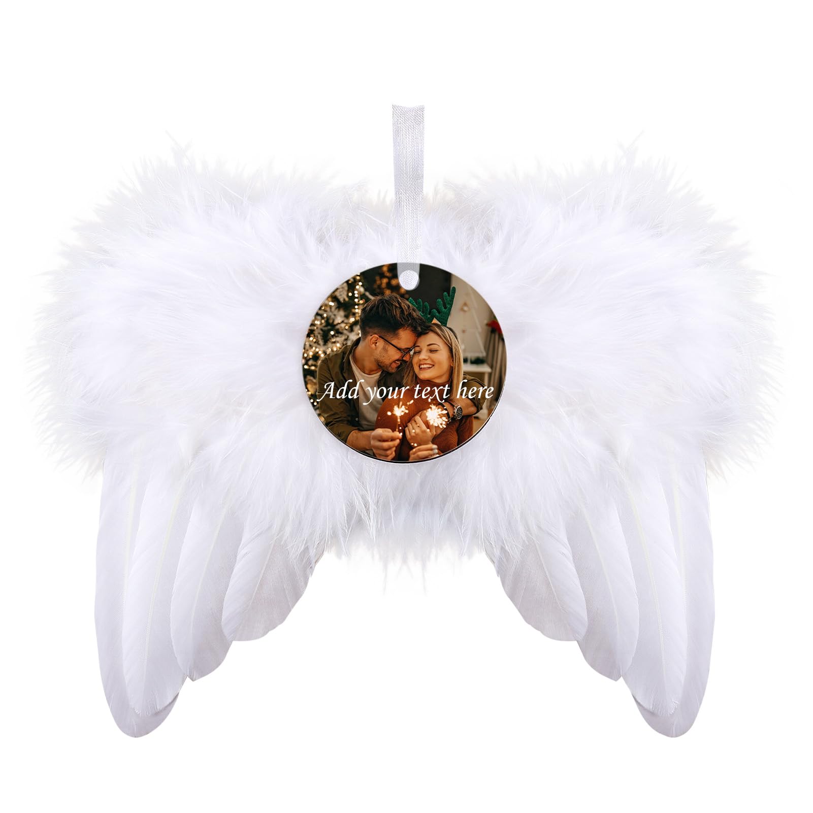 Personalized White Angel Wings Christmas Ornament, Feather Hanging with Custom Round Ornaments for DIY Wedding, Customized Xmas Tree Holiday Party Decor