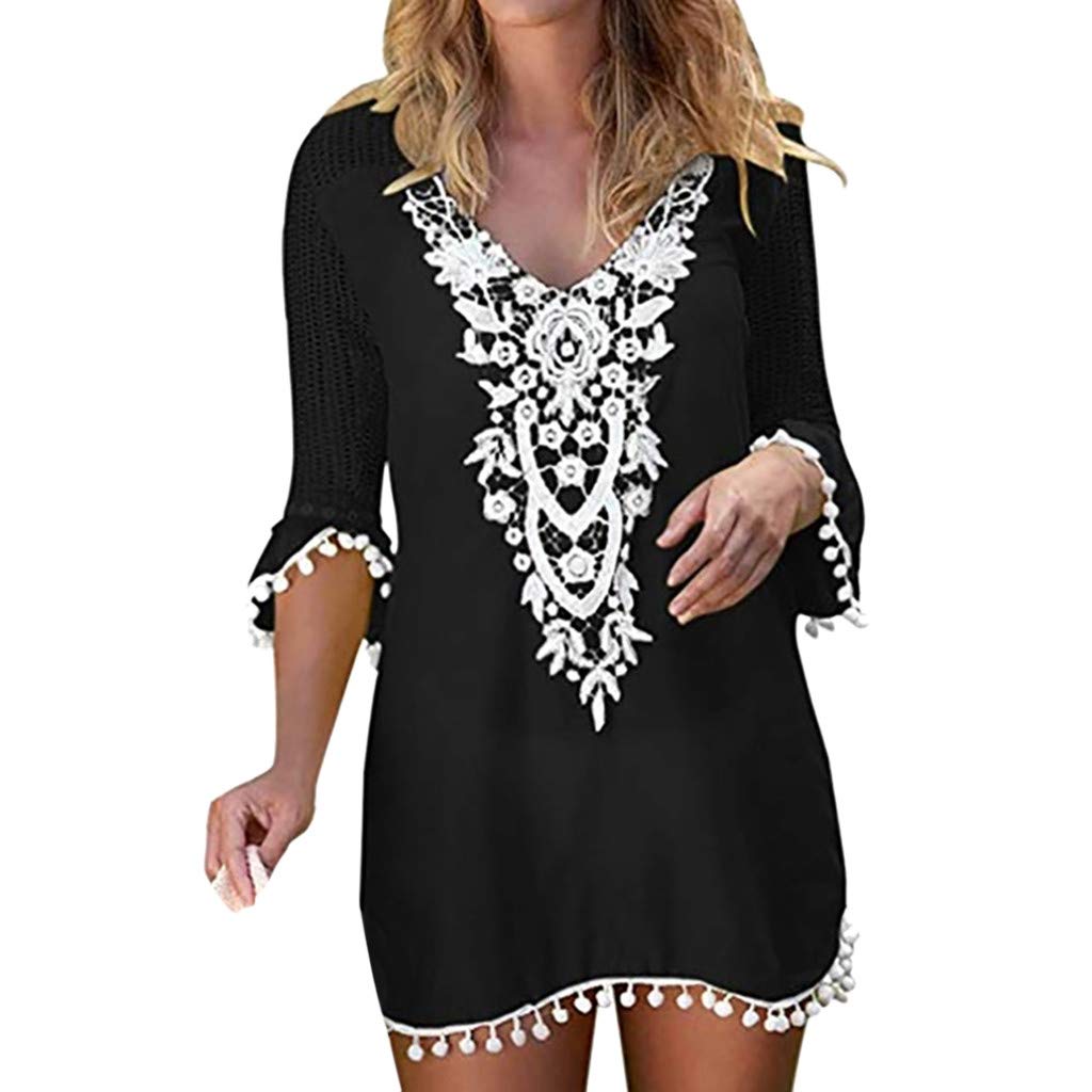 riou Camisa Suelto de Bikini Mujer Pareos y Camisola Cuello en V Cárdigan Maxi Kimono Bohemia Boho Suelto Verano Traje de Baño Bikini Cover Up Verano Ropa de Baño para Playa o Piscina