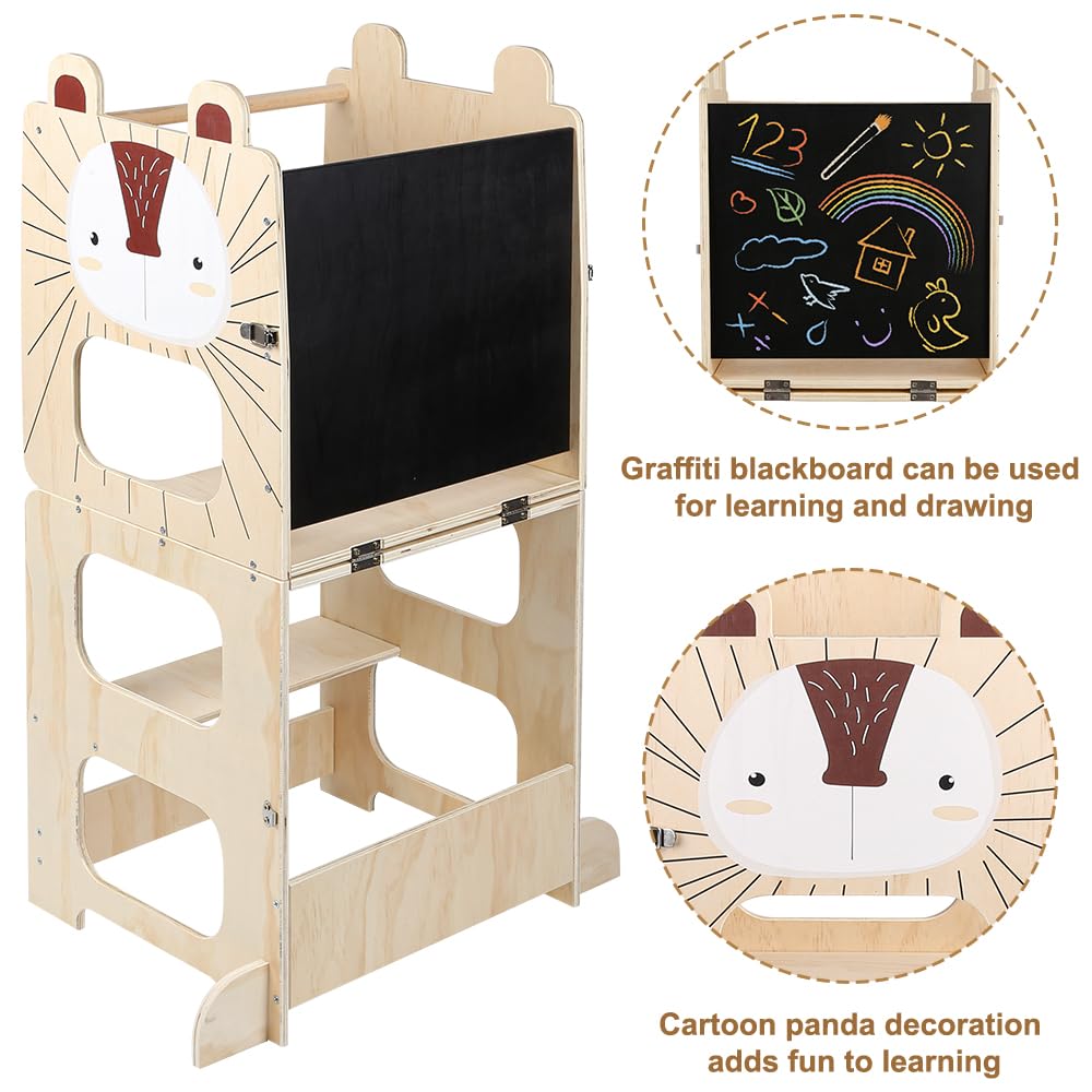 Lernturm 3 in 1, Lernturm für Kinder, Montessori Beobachtungsturm aus Holz, rutschfeste Oberfläche, Tisch und Stuhl für Kinder (Igel)