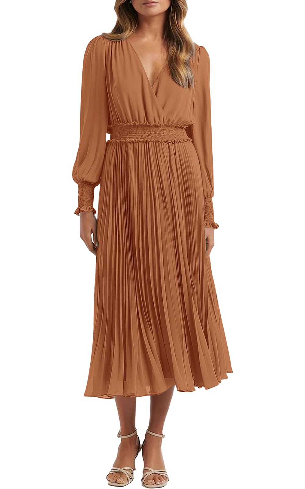PRETTYGARDEN Womens Wrap V Neck Fall Dresses Wedding Guest Casual Pleated Long Sleeve Midi Dress Ruffle Smocked Long Dress