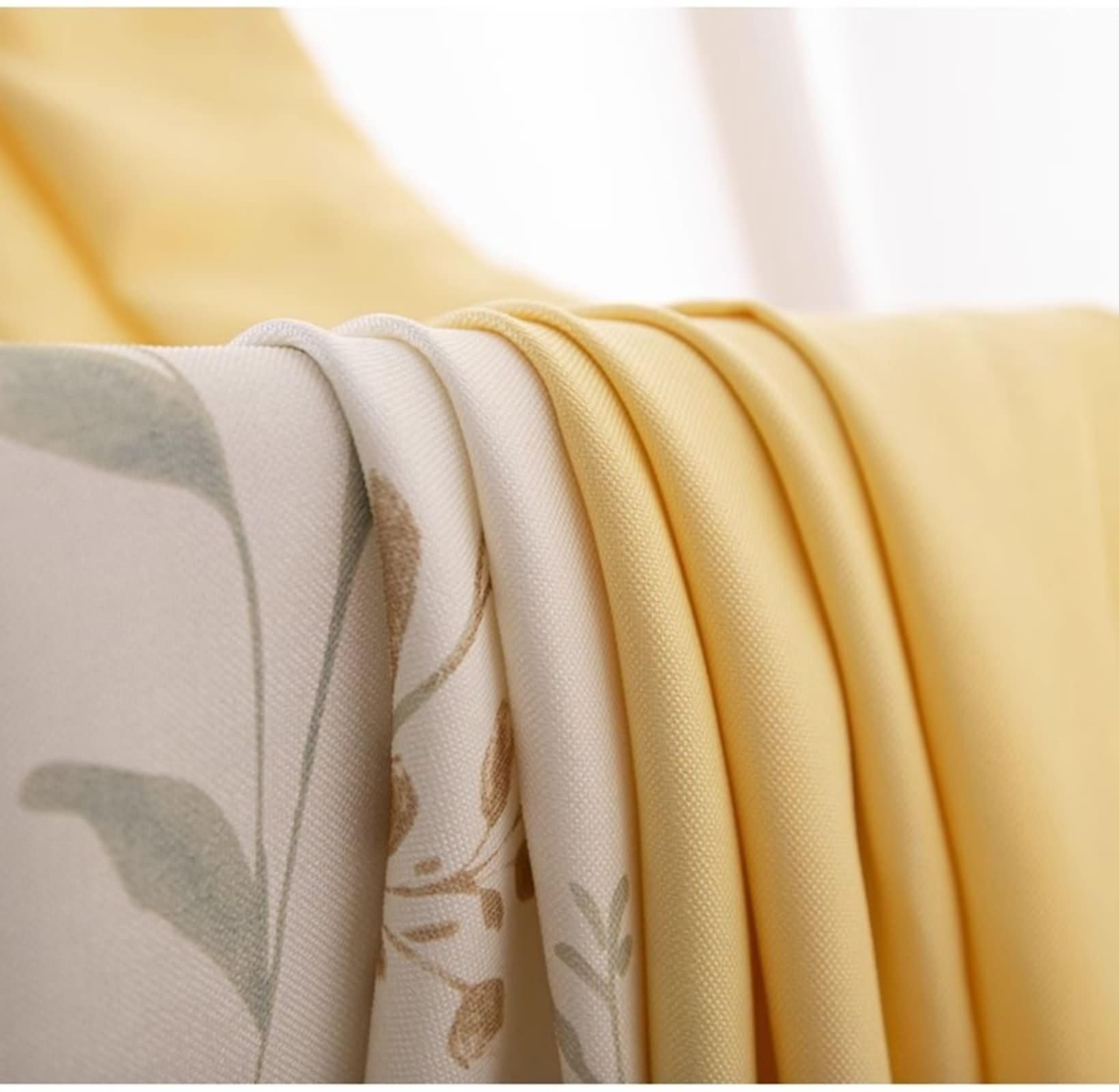 Rideau de Cuisine, Rideaux d'Extérieur Terrasse Beige Blanc Jaune Motif de Fleurs et de Feuilles avec Assemblage Polyester Lot de 2 132W x 214L cm