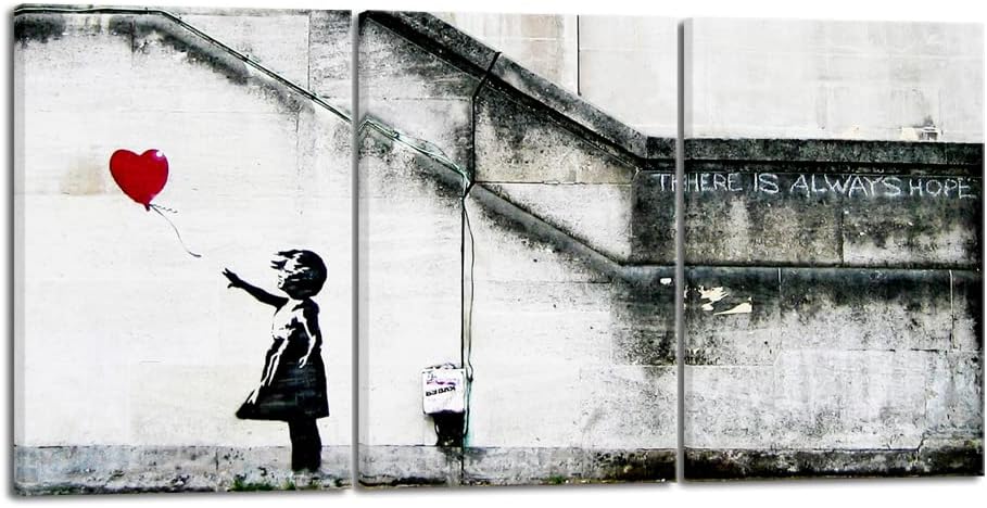 Banksy Grafitti Girl with Red Balloon Modern 3 Piece Famous Canvas Paintings Wall Art Inspirational Grey Love Pictures Print Artwork for Dining Room Kitchen Home Office Decor