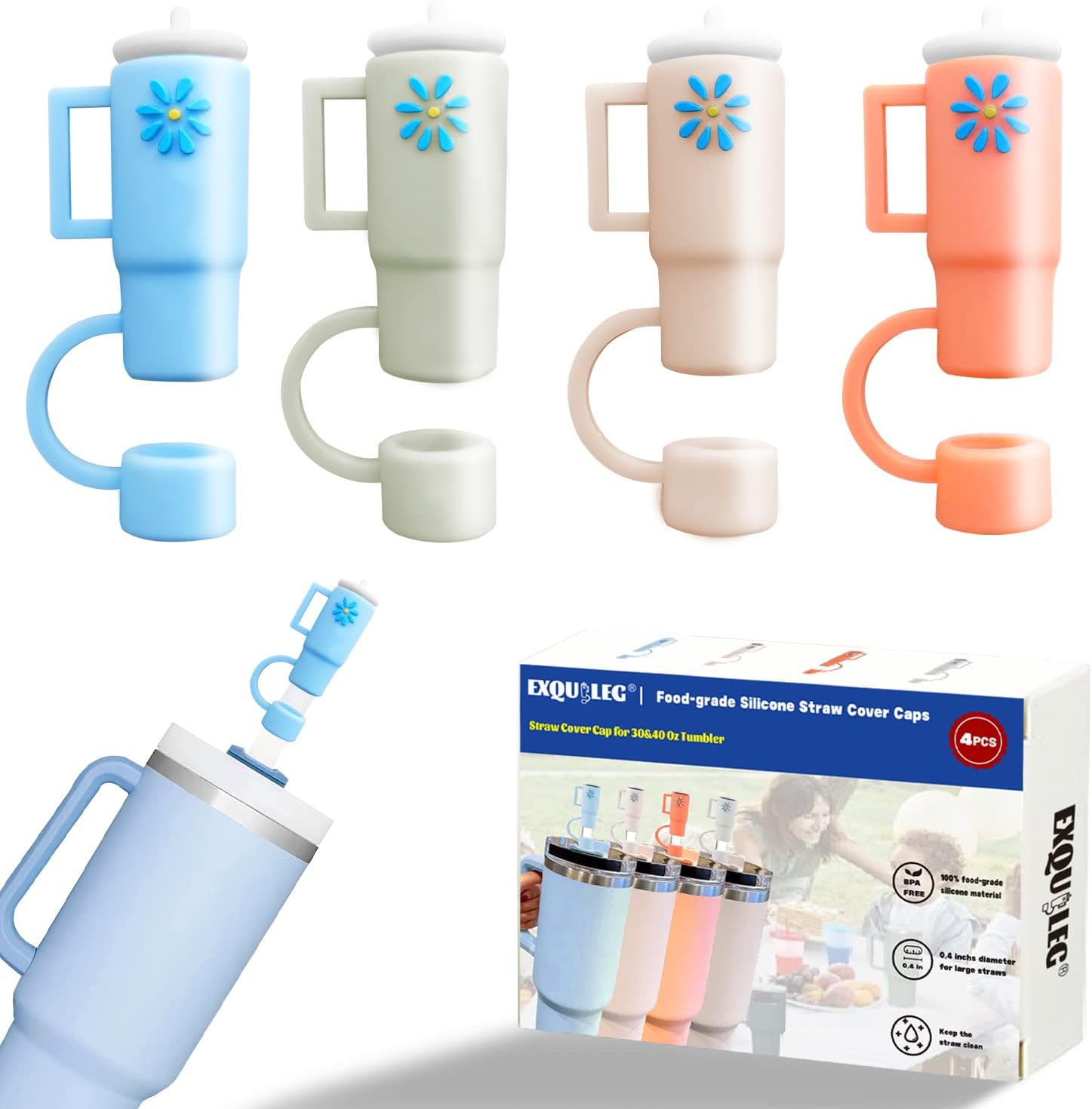 Silicone Straw Covers Compatible with Stanley Tumblers, 4 Pack Straw Toppers for 30 & 40oz Cups