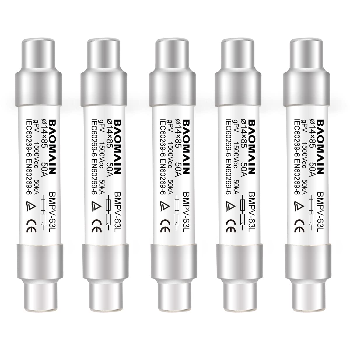 Baomain Solar PV Fuses, 1500 VDC gPV Type Fuse Link,14 X 85 mm 50kA Photovoltaic Fuses BMPV-63L CE Pack of 5 (50 Amp.)