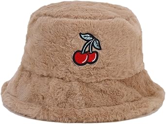Faux Fur Bucket Hat for Women Men, Cute Fuzzy Cherry Grunge Y2K Fleece Bucket Hat Womens Hats Caps Fur Bucket Hat