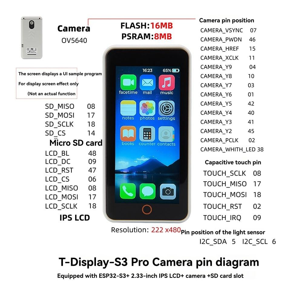 T-Display-S3-Pro płytka rozwojowa + kamera 5MP OV5640 -S3 5.9 cm dotykowy moduł LCD Wi-Fi 802.11 BLE 5+BT Mesh C