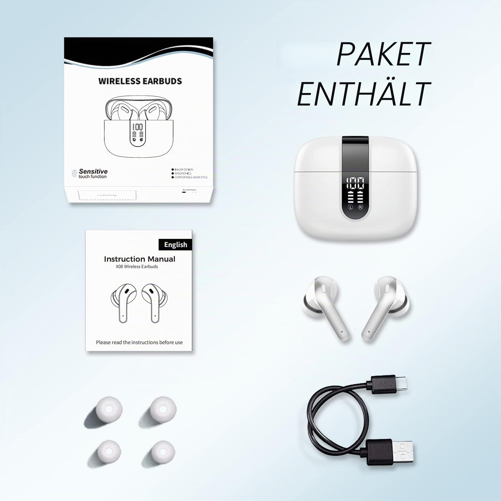 Kopfhörer Kabellos Bluetooth, Bluetooth Kopfhörer Mit Mikrofon, In Ear Kopfhörer Bluetooth 5.2 IPX7 Wasserdicht 40h Spielzeit Kabellose Kopfhörer USB C for iOS Android