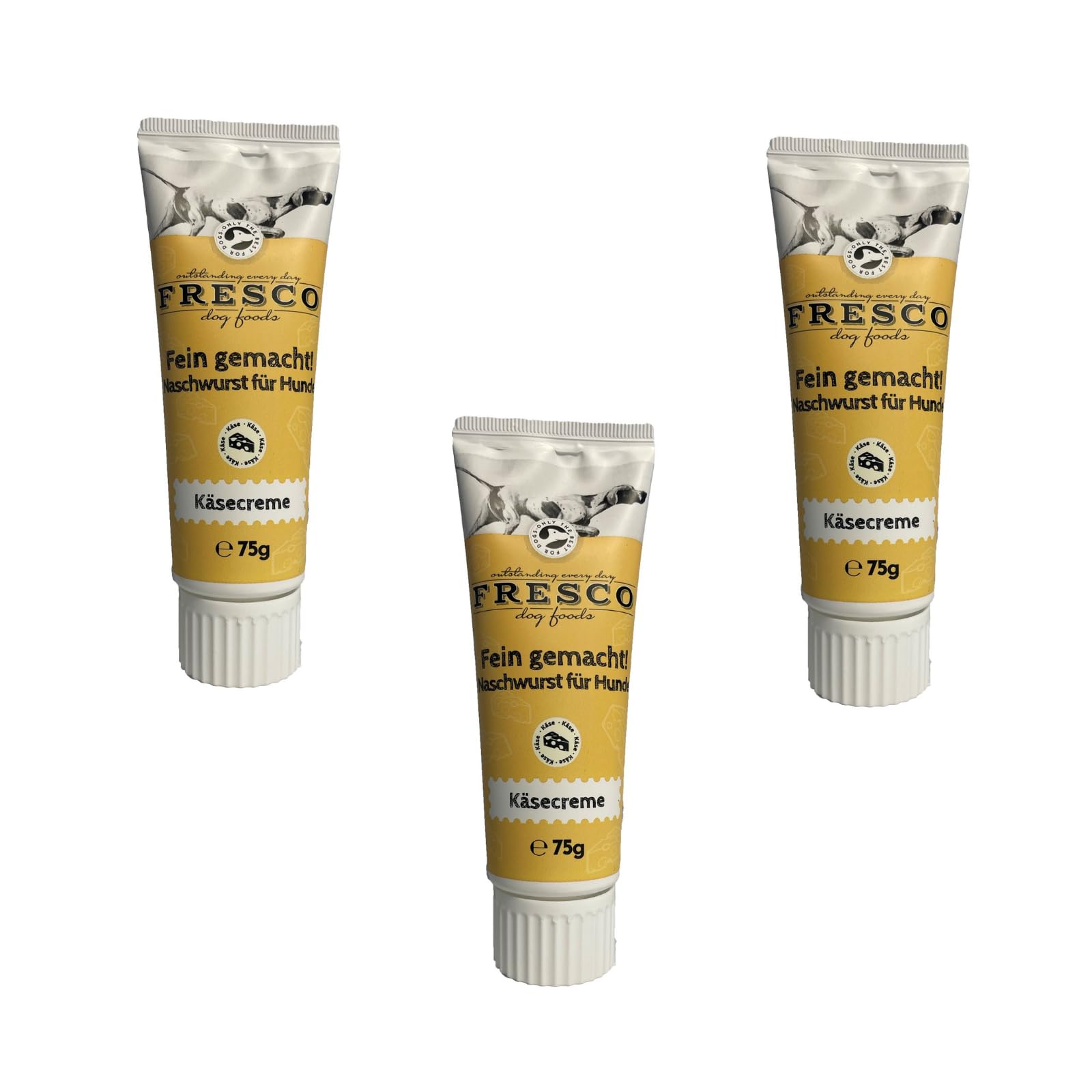 Fresco Fein gemacht! Naschwurst Käsecreme | 3er Pack | 3 x 75 g | Ergänzungsfuttermittel für Hunde | Praktische Soft-Touch-Tube | Zuckerfreie Snackpaste | Ideal für unterwegs