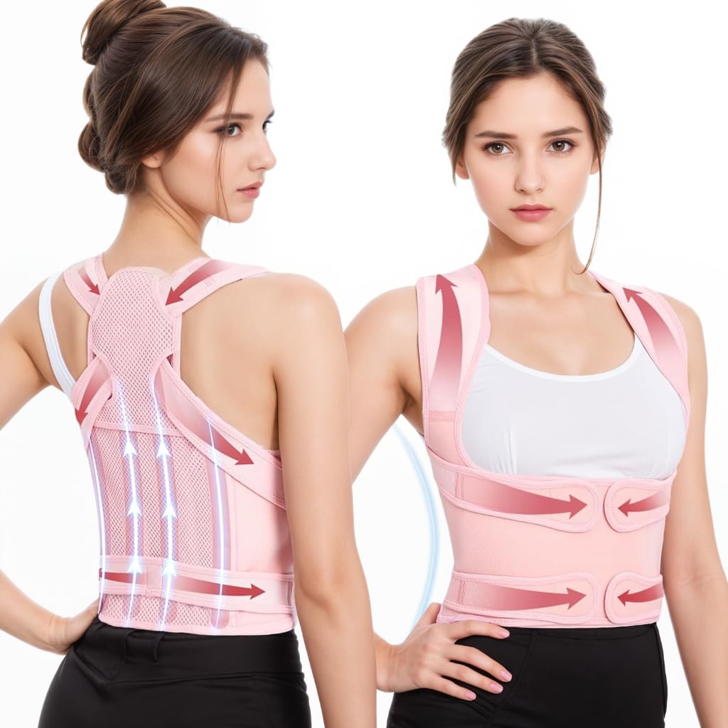 URBTFLM Back Posture Corrector for Women - Adjustable Straightener Back Brace Posture Corrector Under Clothes (Pink, Large)