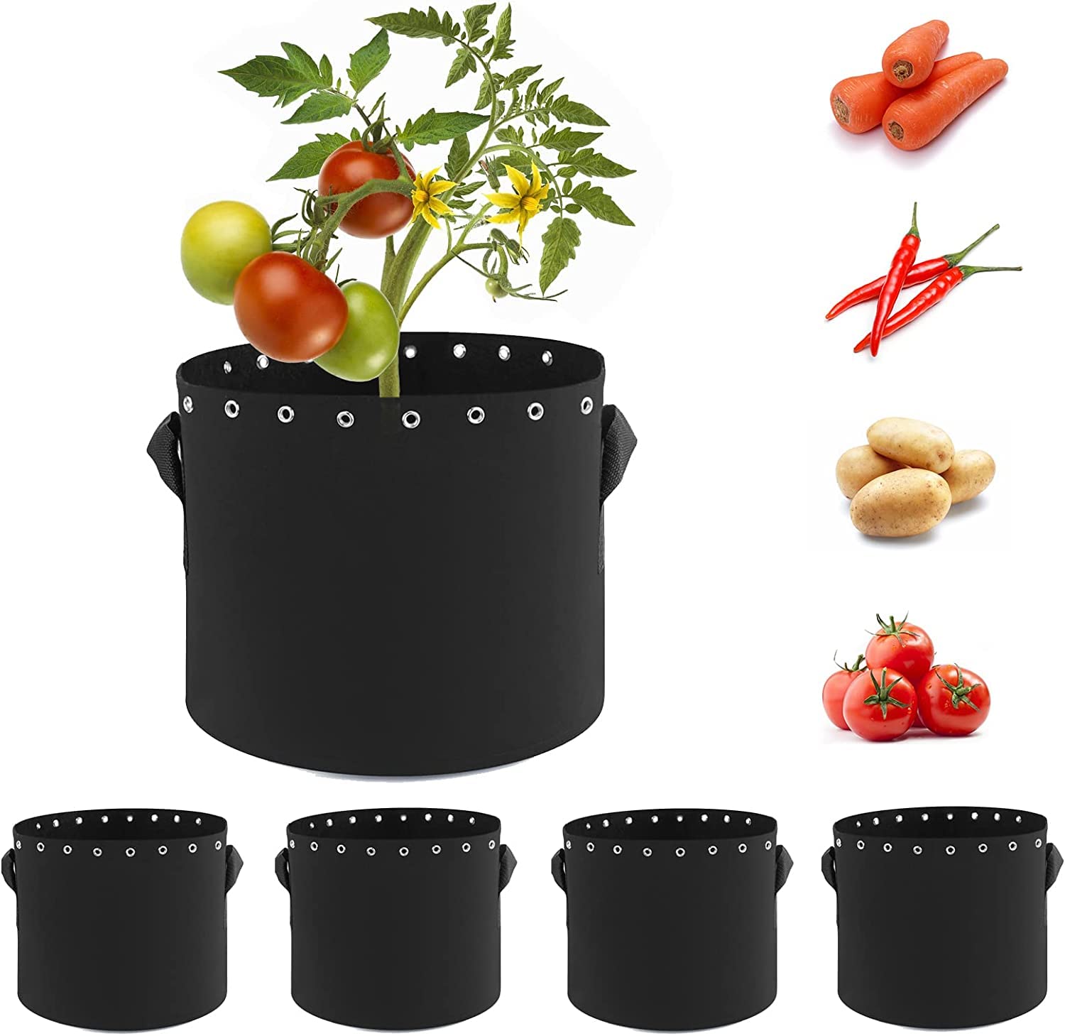 2 Gallon Plant Grow Bags 5-Packs with Holes,Thichkened Non-Woven Aeration Fabric Pots with Handles - Reinforced Weight Capacity