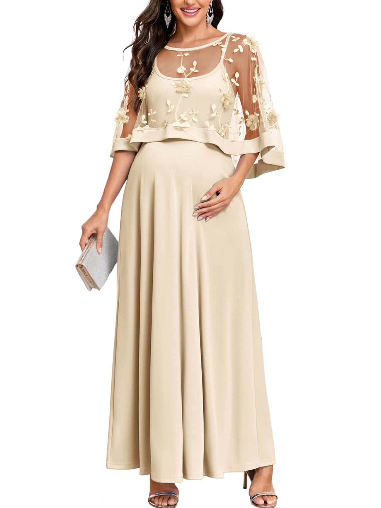 AISWI 2-Piece Maternity Maxi Dress With 3D Floral Mesh Cape – Flowy A-Line Evening Gown For Baby Shower, Photoshoot & Formal Events Maternity Dress