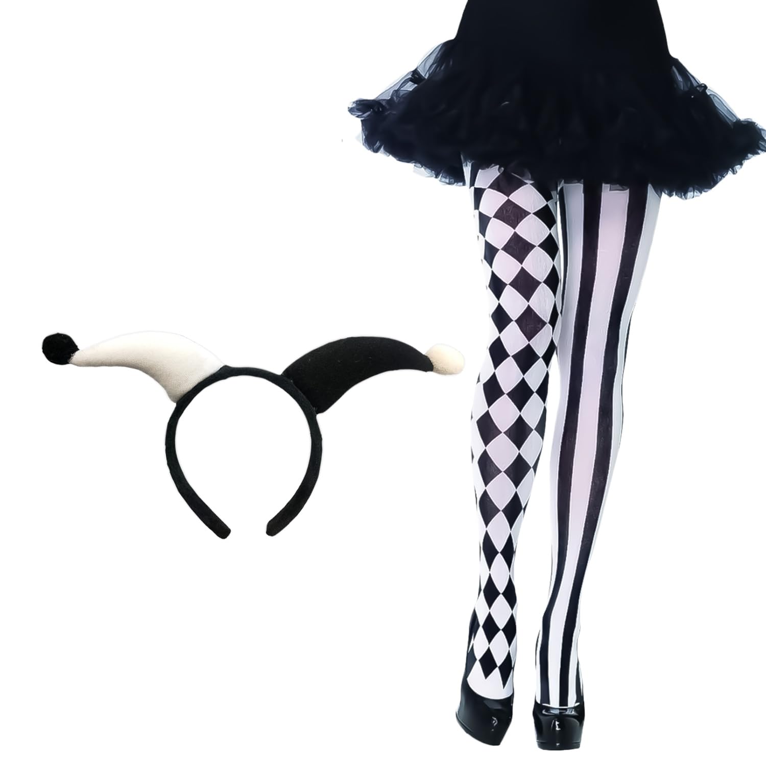 Miaija 2Pieces Circus Costume Accessories Black and White Headband Tights Funny Masquerade Outfit for Women Halloween Carnival Cosplay Party