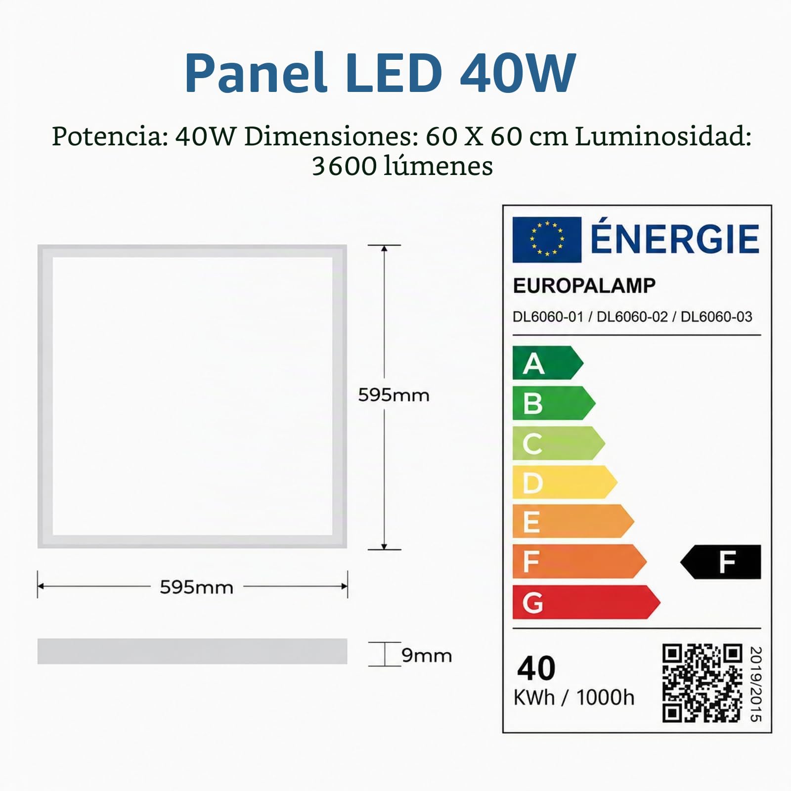 Europalamp - Pack de 4 paneles LED - 60 x 60 cm - 40 W - Blanco frío 6000 K - alta luminosidad, varios modelos disponibles