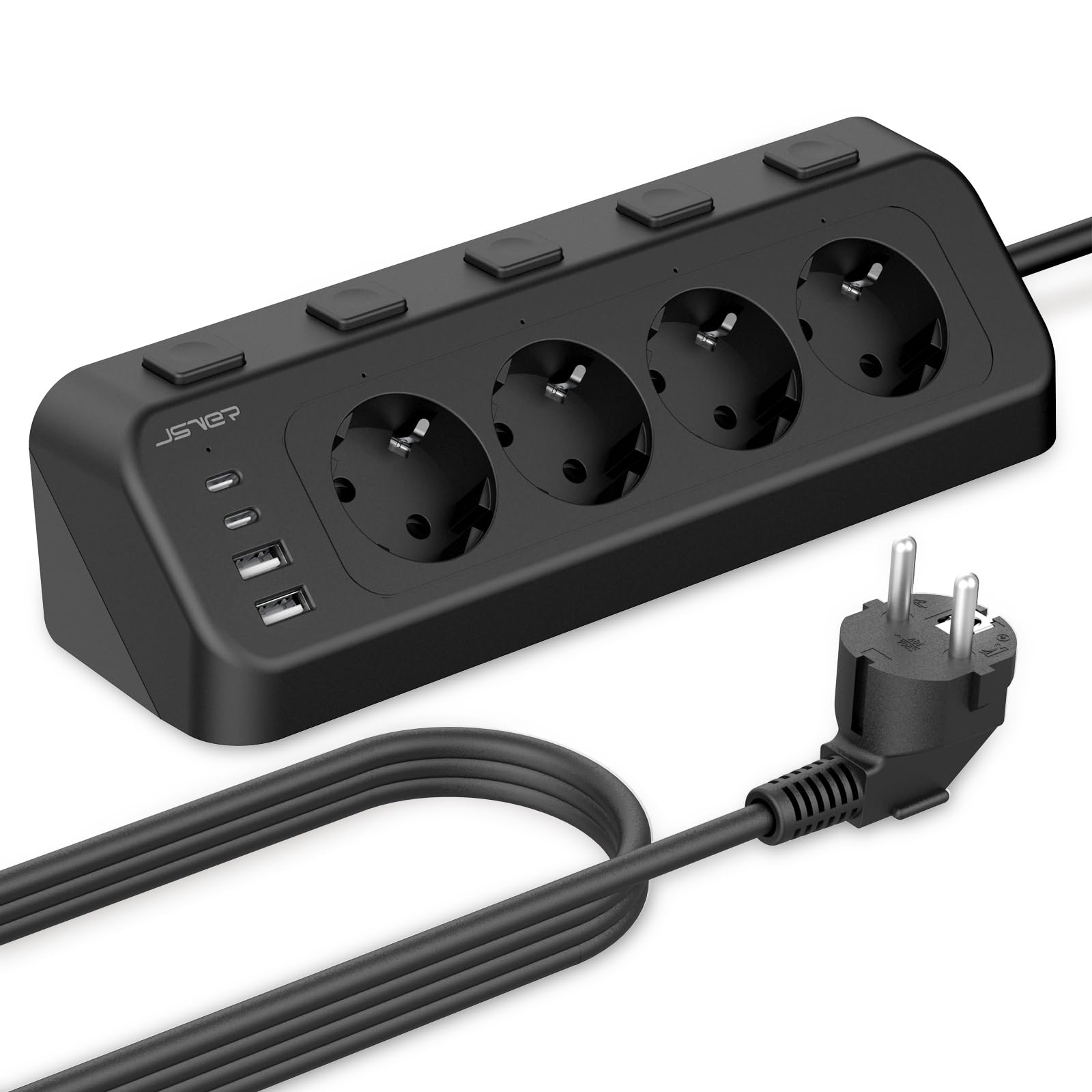 Steckdosenleiste Desktop mit USB C, JSVER 4 Fach Ecksteckdosenleiste mit Einzeln Schaltbar, Ecksteckdose 2 Type-C und 2 USB Mehrfachsteckdose 3680W/16A für Küche,Büro, 2M Kabel-Schwarz