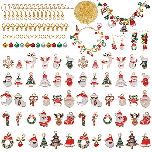 60 Pieces Christmas Pendant Charm Kit, Enamel Christmas Charms with 200 Pieces Christmas Bells, Jewelry Accessories for Christmas Necklace Bracelet Earring Jewelry Making Crafting