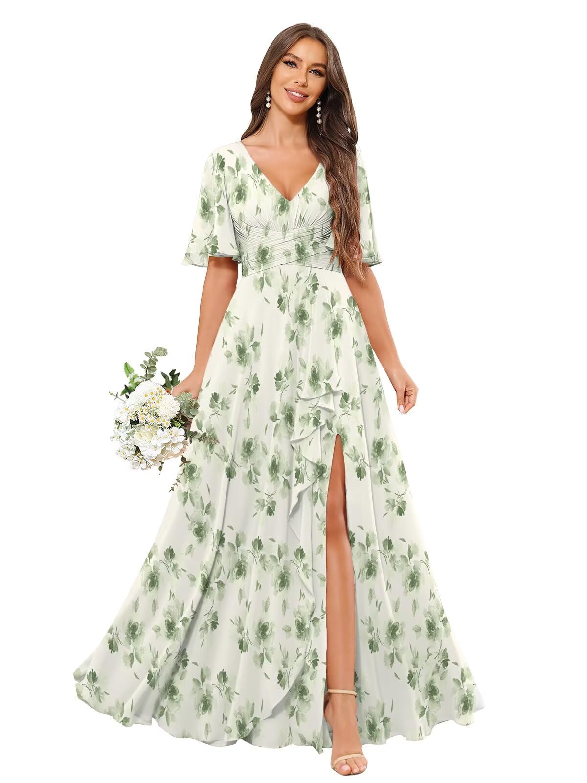 Sukleet Women's Flutter Sleeve Bridesmaid Dress Long for Wedding V Neck Ruffled Chiffon Formal Dress with Slit