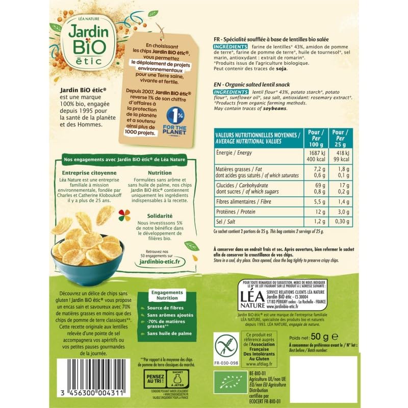 Jardin Bio Etic: Chips de Lentilles Finesse Marine 50g, Snack Bio & Sans Gluten | Saveur Unique Pointe de Sel | Diététique et Gourmandise - Le Lot De 4