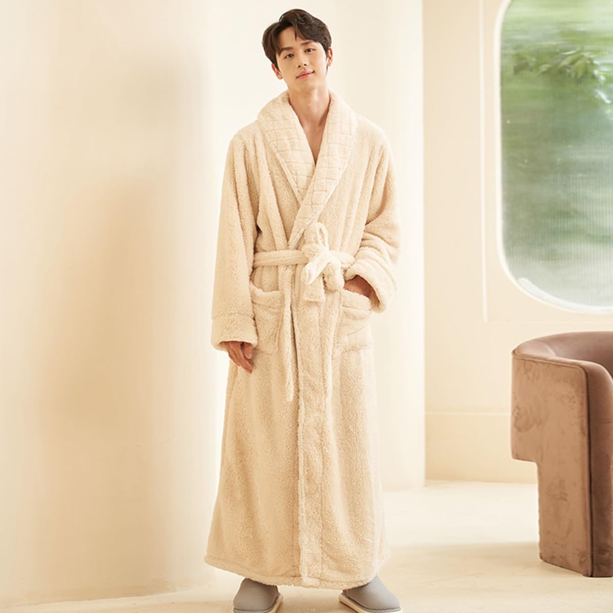 Damskie Szlafroki Z Polaru Miękki Pluszowy Długi Wygodny Szlafrok Kimono Męski Ciepły Płaszcz Domowy Bielizna Nocna Koszula Nocna(/Beige,M men)