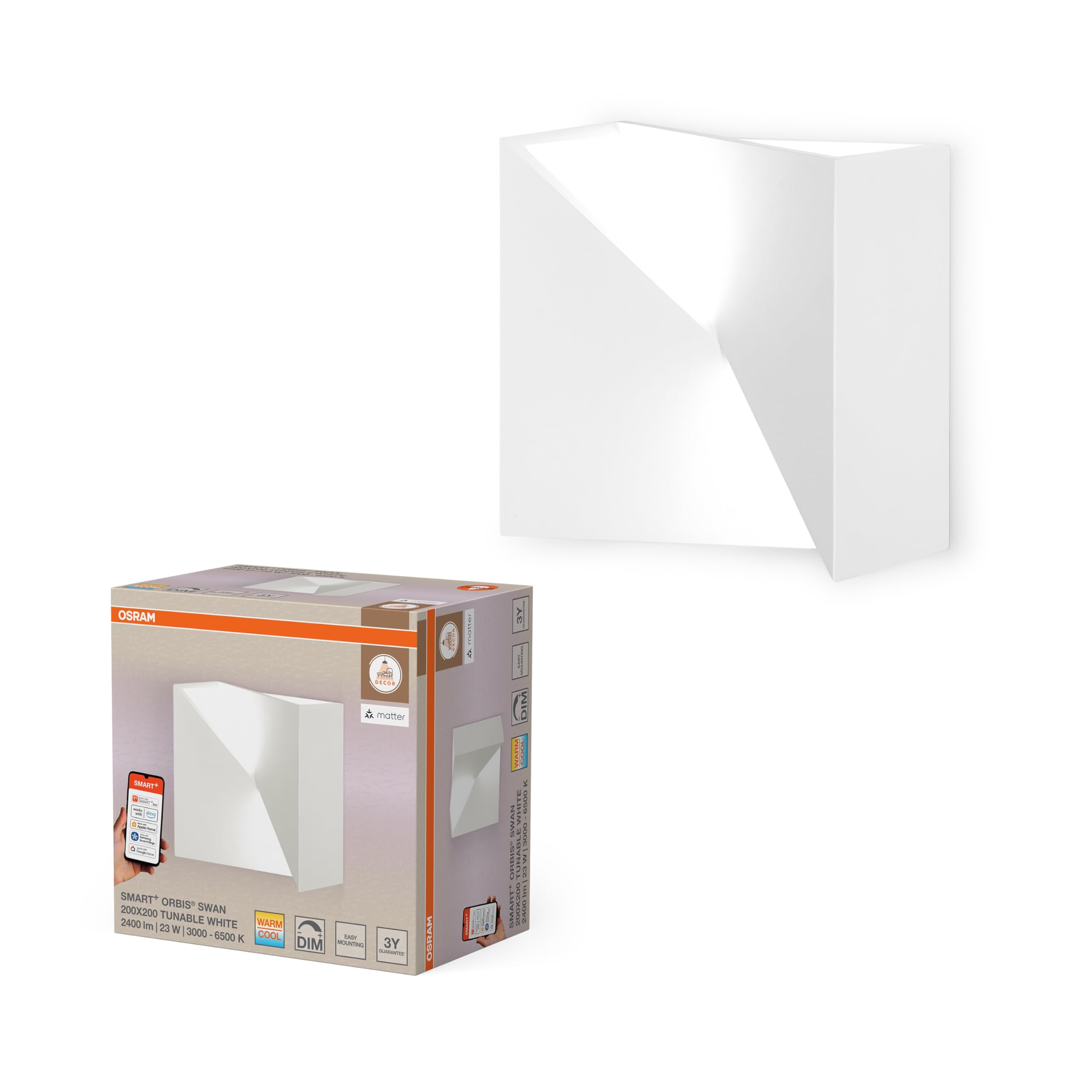 OSRAM SMART+ Matter Wall Swan Lampa ścienna LED Biała 200x200mm, 23W, 1300lm, TW 3000-6500K, WiFi, Alexa, Gips