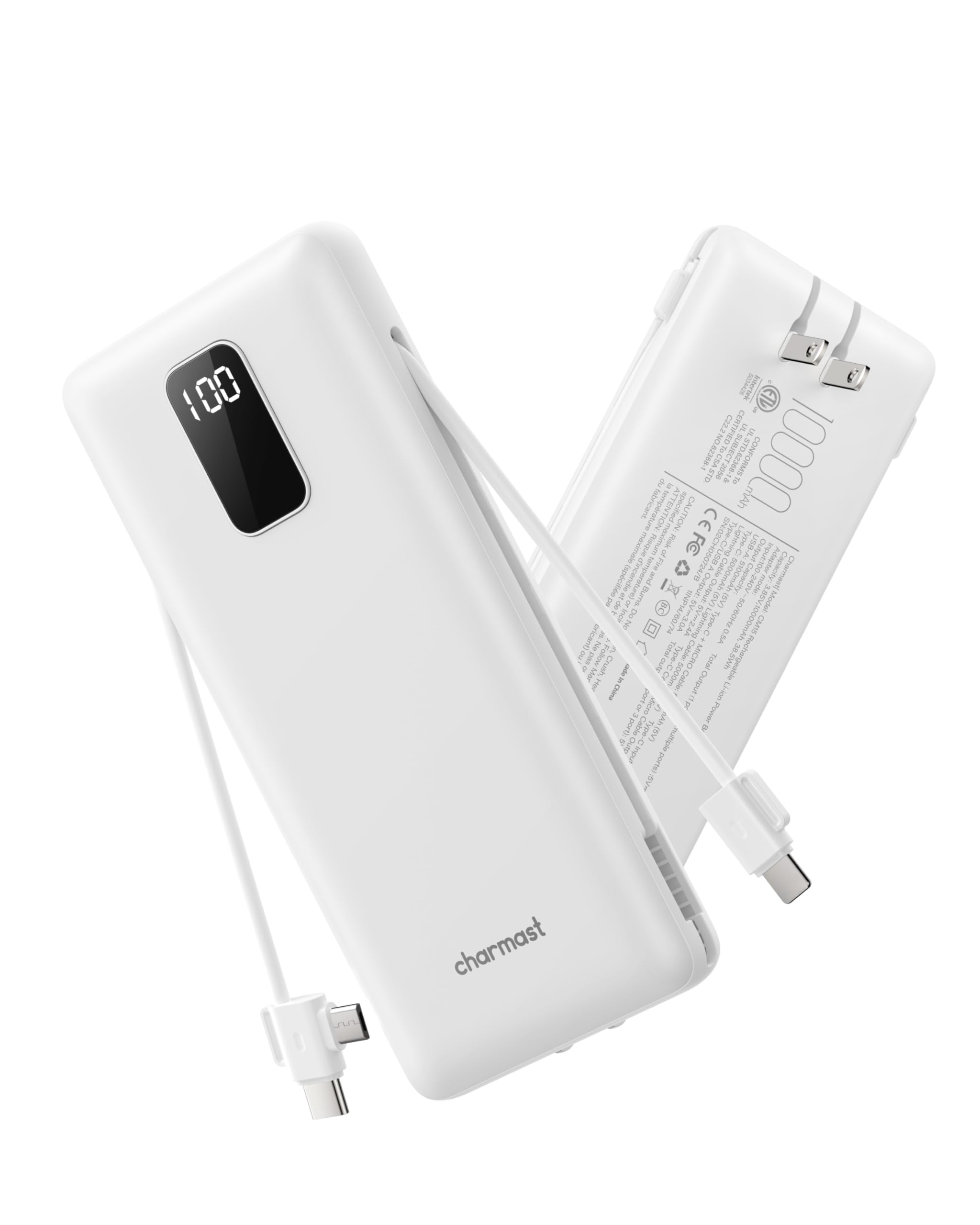 charmast 10000mAh Portable Charger with Built-in Cables and AC Wall Plug | Sl...