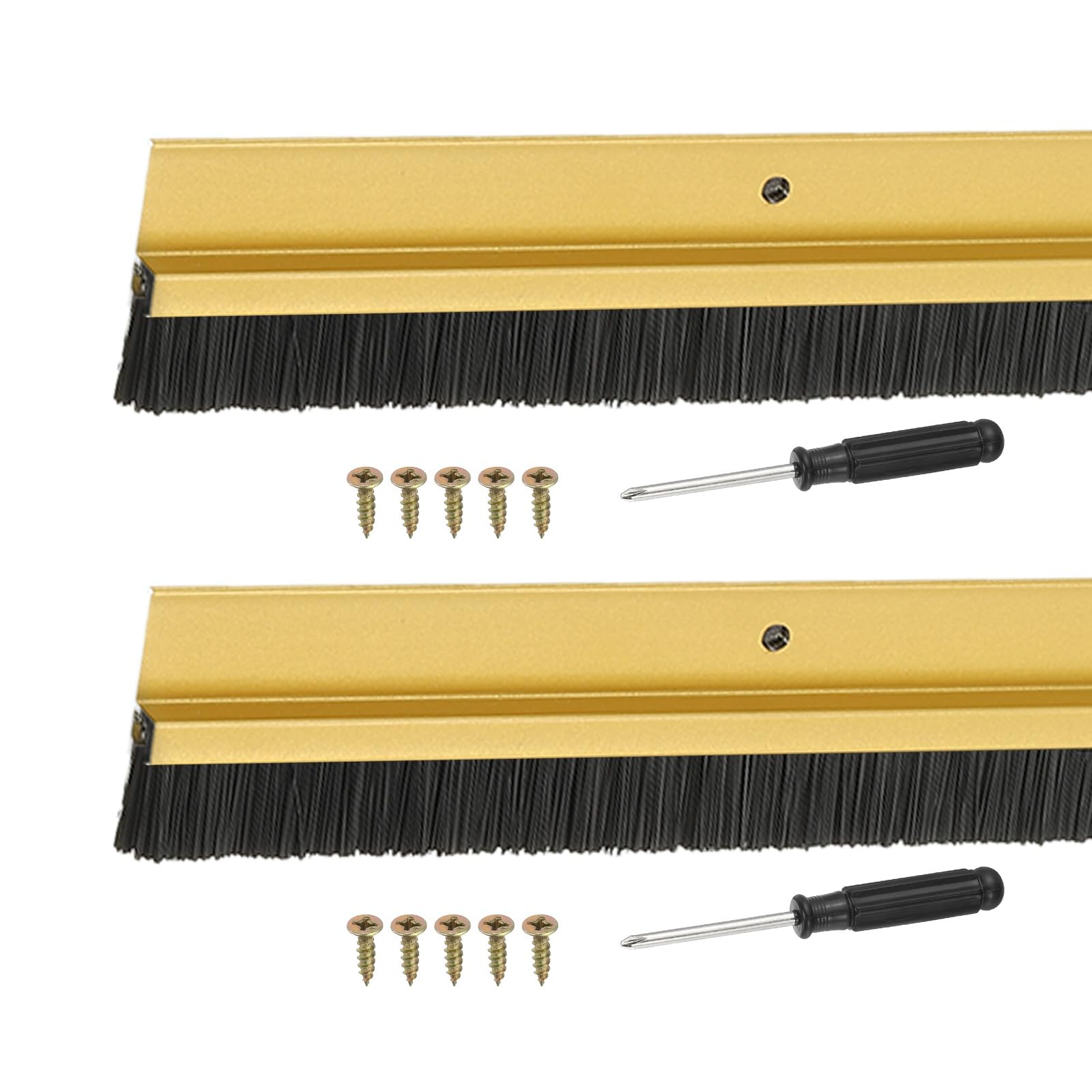 YELARXI Door Sweep Aluminum Alloy Brush Sweeps, 20mm Black PP Brush 1000 x 45mm Fit for Gaps of Door Bottom - H-Shape Holder (2 Pcs, Gold)